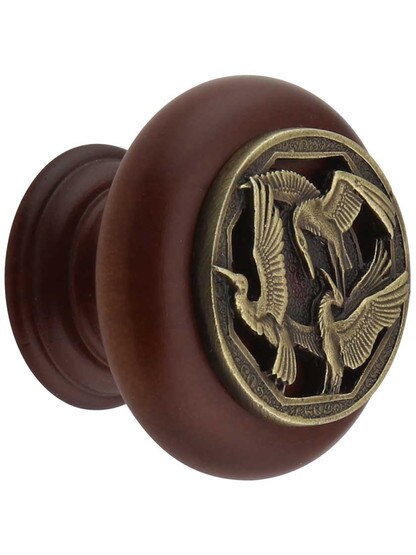 Crane Dance Wood Knob in Cherry/Antique Brass.
